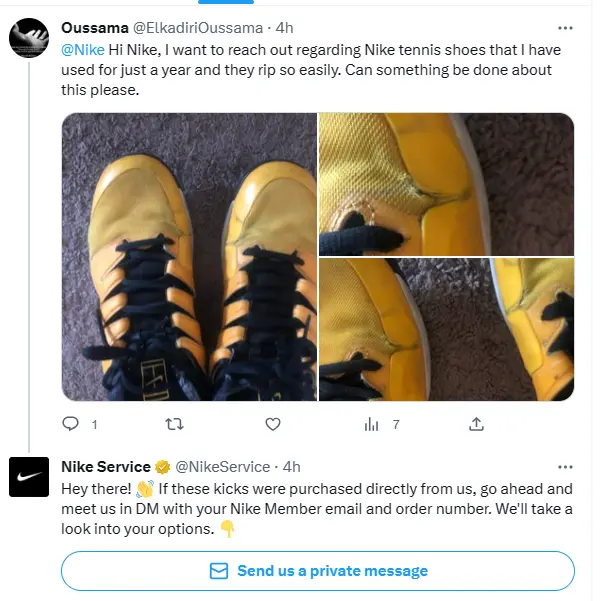 Nike’s friendly and empathetic reply to a customer who complained about how easily their Nike shoes ripped.